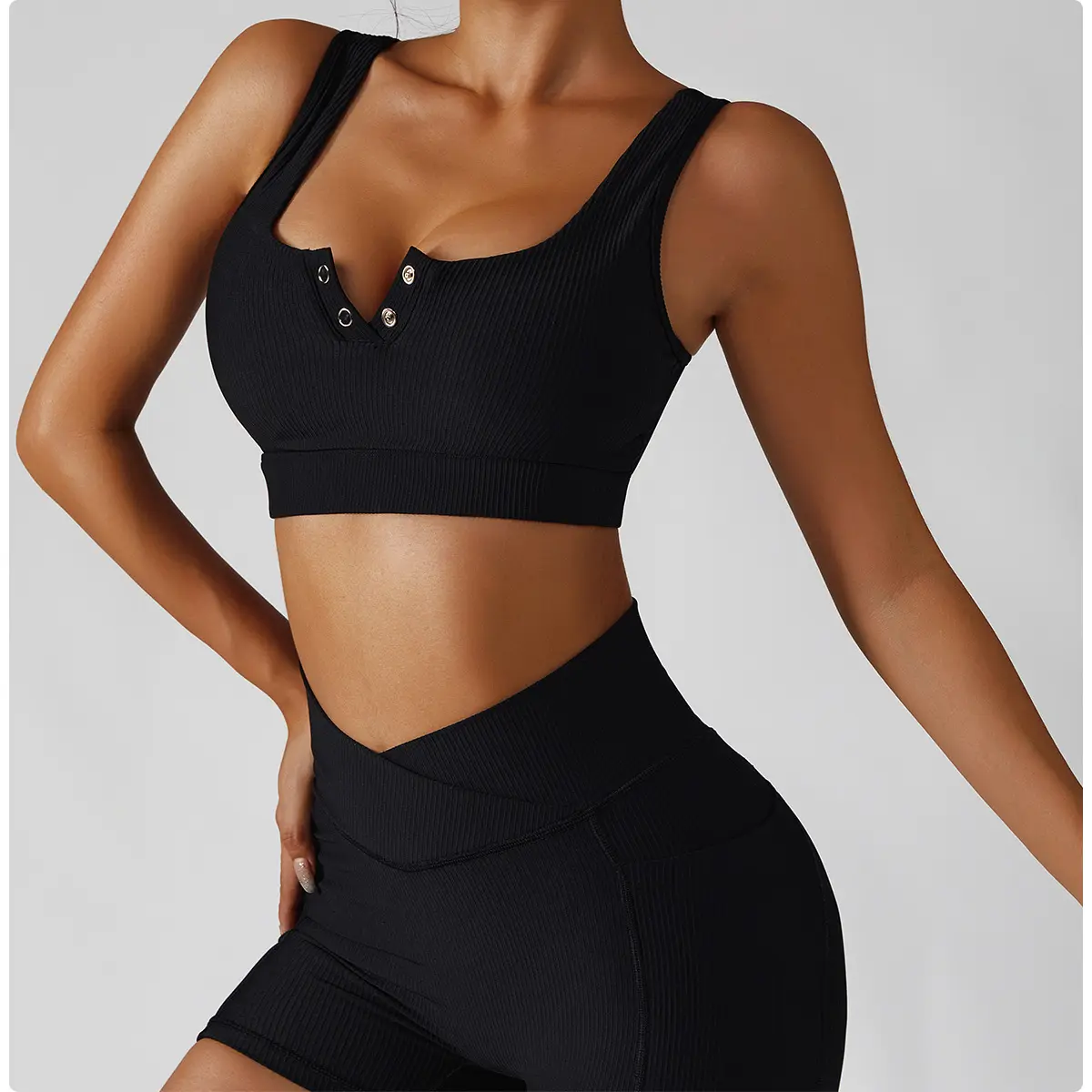 Ribbed Yoga Sports Bra with Stud Front